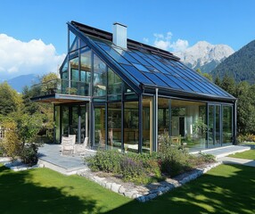 Obraz premium Modern glass house in a scenic mountain setting on a sunny day.