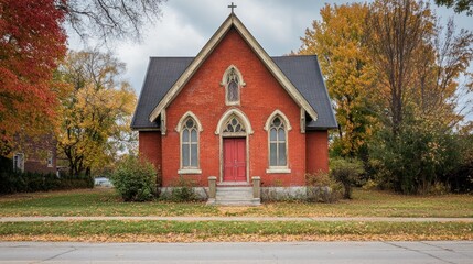 Quaint, red brick chapel in autumn foliage.