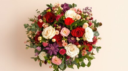 Traditional flower bouquet with fresh blooms in circular arrangement on light pink