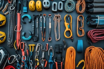 Climbing gear and accessories arranged neatly on a dark surface showcasing various tools for outdoor adventures and safety