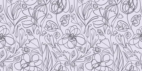 Obraz premium Trendy delicate pale violet seamless pattern with linear brush stroke hand drawn leaves and flowers. Delicate purple modern one line leaf and blossom print for textile design, feminine surface