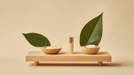 Natural skincare products on wooden stand