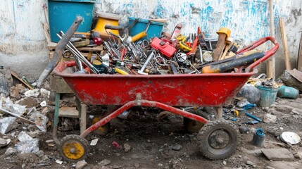 Wheelbarrow filled with various tools, screws, and buckets on a dirt site