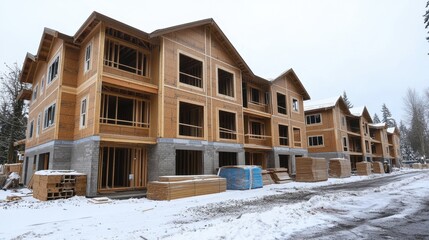 Wide view of a building under construction with the framing exposed and materials stacked on-site