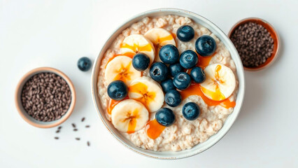 Creamy oatmeal bowl topped with fresh blueberries, sliced bananas, and a drizzle of golden honey for a nutritious breakfast.