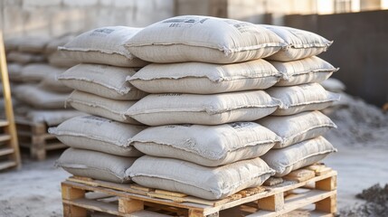 Wooden pallets stacked high with bags of ready-mix mortar on a construction site