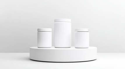 Three white cylindrical containers sit on a white circular platform against a white background. The largest container is centrally positioned, flanked by two smaller ones. The image is clean, minimal