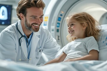 Fototapeta premium Doctor interacts with young patient in a hospital hallway, creating a warm and friendly atmosphere during a check-up visit