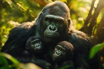 Obraz premium Cinematic portrait of a gorilla family in the jungle natural lighting high detail 8k resolution proportionate anatomy