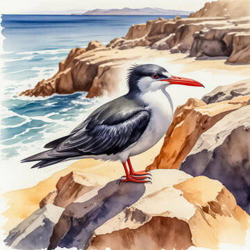 Watercolor illustration of an Inca Tern resting on a rocky outcrop along the coast of Paracas, Peru,