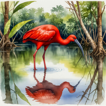 Watercolor illustration of a Scarlet Ibis wading through shallow waters in the Caroni Swamp of Trinidad, with reflections in the water and mangroves around