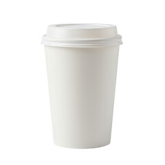 Tall white disposable paper coffee cup with lid.