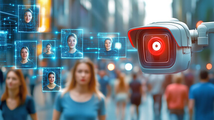 A surveillance camera equipped with advanced facial recognition technology monitors a bustling city street filled with pedestrians. People walk past while the camera highlights selected faces