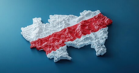3D map of a country with a red diagonal stripe on a blue background, showcasing mountain terrain.