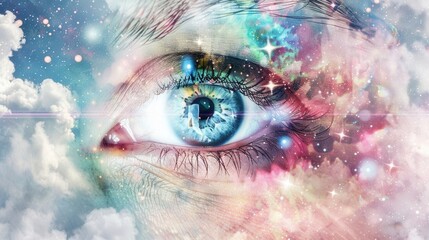 A mesmerizing close-up of a human eye, intricately blended with vibrant cosmic elements and clouds, symbolizing imagination and the connection between reality and dreams