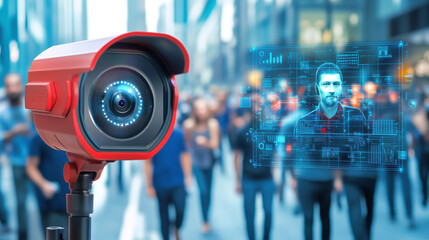 A sophisticated surveillance camera stands prominently in a bustling city center, analyzing faces of pedestrians while displaying digital profiles and data overlays in real time