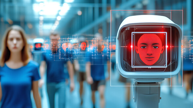 In a bustling urban area, individuals walk past a high-tech facial recognition system. The device displays digital facial maps and highlights, showcasing advanced identification technology in action - Powered by Adobe