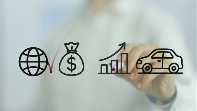 Businessman illustrating the correlation between import tariffs, money, and increasing car sales using a transparent board and a marker, drawing a check mark next to each element