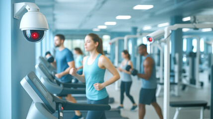 Multiple individuals engage in various workouts in a modern gym setting, utilizing treadmills and weights. Surveillance cameras monitor the area, enhancing safety and security