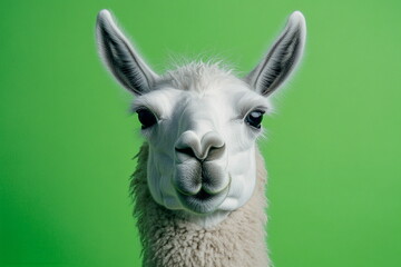 Obraz premium Llama portrait on a green background with direct gaze. Clean and focused, the image has a modern editorial quality, ideal for creative stock use. 