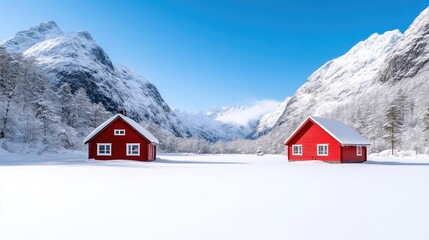 Two red cabins sit on a snow-covered field, nestled between snow-capped mountains under a bright blue sky. The image is high-resolution, with sharp details and vivid colors. The style is serene and p