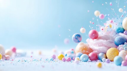 Pastel confectionery explosion. Colorful sweets, sprinkles, and bouncing spheres create a playful, vibrant display