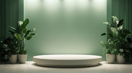 Green room with white pedestal for product display