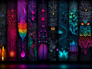 Colorful Fantasy Forest Landscapes with Neon Lights and Surreal Trees – Glowing Abstract Nature Scenes in 3D Style with Dreamlike Pathways, Magical Atmospheres, and Vivid Luminescent Details