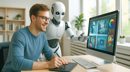 A designer smiles while working on a digital tablet, collaborating with a humanoid robot beside him. The setting features a bright, contemporary office with large windows and various design elements