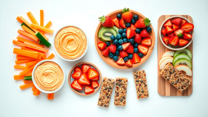 Fruit and veggie sticks on a white background.  Healthy snack, appetizer and dessert concept:  strawberries, blueberries and granola bars.