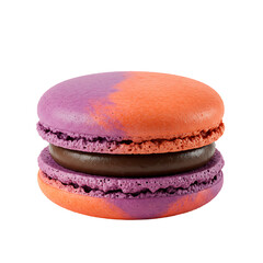 Delicious purple and orange macaroon with chocolate isolated on white background 