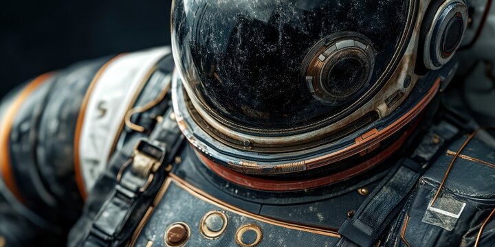 Detail-oriented view of a weathered astronaut suit showcasing intricate design and wear from space activities, highlighting the complexity of space exploration at a futuristic location