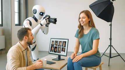 In a contemporary studio, a robot photographer is capturing portraits of a smiling model seated on a stool. A computer displays previous photo results while a man enjoys a drink