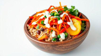 A vibrant grain bowl featuring colorful vegetables, beans, and a creamy sauce, all nestled in a rustic wooden bowl.