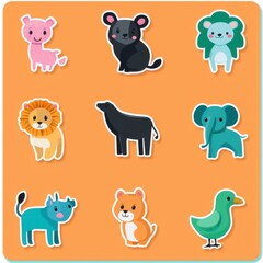 Nine Adorable Cartoon Animals on Orange Background
