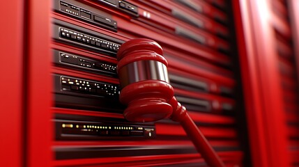 Red gavel on red panelled wall formal legal setting image