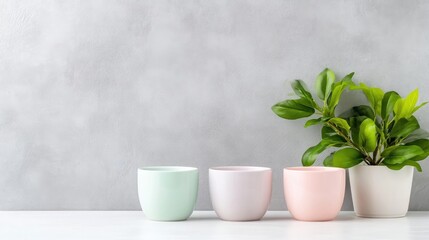Three pastel-colored ceramic pots with a green plant on a minimalist white shelf against a soft gray textured wall, and modern home decor concept.