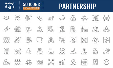 Partnership line editable icons set. Containing teamwork, community, people, cooperation, organization, leadership, human resources. Vector Illustration