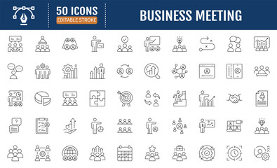 Business meeting line editable icons set. Containing collaboration, meeting, research, community, teamwork and more. Vector Illustration