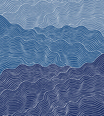 Hand drawn thin brush lines abstract minimal waves and water pattern in blue, Japanese, ethnic handcrafted, wood carving textured background, simple ripple graphic for textile, carpet,
