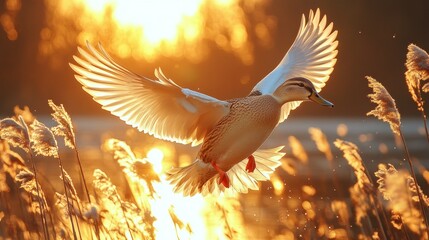 Majestic duck in flight, bathed in golden sunset light