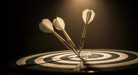 Fototapeta premium Three Darts Hit Bullseye Target Success Accuracy Spotlight