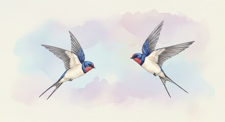 Fototapeta premium Two elegant barn swallows with outstretched wings in flight against a soft pastel watercolor background, concept for spring, nature's awakening and freedom.