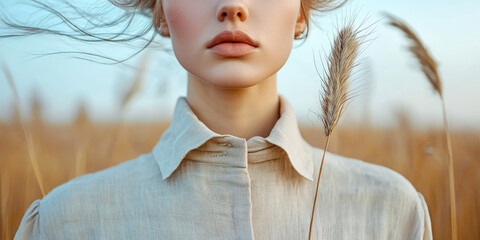 Fototapeta premium Young stylish serious woman wearing beige color natural linen fabric dress. Ecological fashion creative concept.