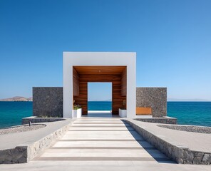 White-walled entrance gate with wooden accents against a blue sky and sea in Archdaily style