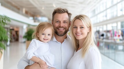 Fototapeta premium Happy Family with Child Bright Modern Style, High-quality Soft Lighting, Portrait Close-up Shot, Soft Smiles, Affectionate Pose, Shopping Mall Backdrop, Warm Natural Tones, Ideal for Family Website