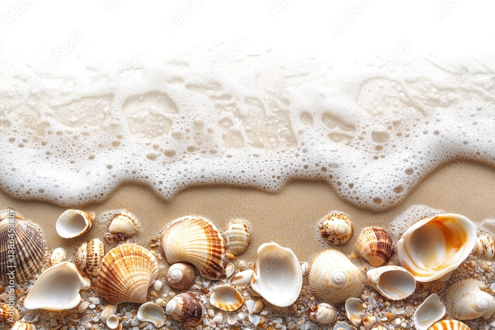 Poster waves crashing on a sandy shore revealing various seashells in a tranquil beach setting during the g