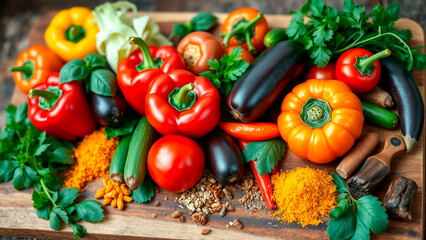 A vibrant assortment of fresh produce, including peppers, tomatoes, eggplants and herbs, arranged on a wooden surface for cooking.