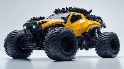 Naklejka premium Yellow monster truck studio shot, powerful engine, off-road vehicle, white background, design concept