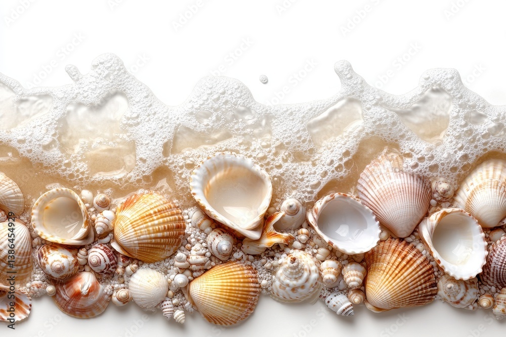 Poster waves crashing on a sandy shore revealing various seashells in a tranquil beach setting during the g